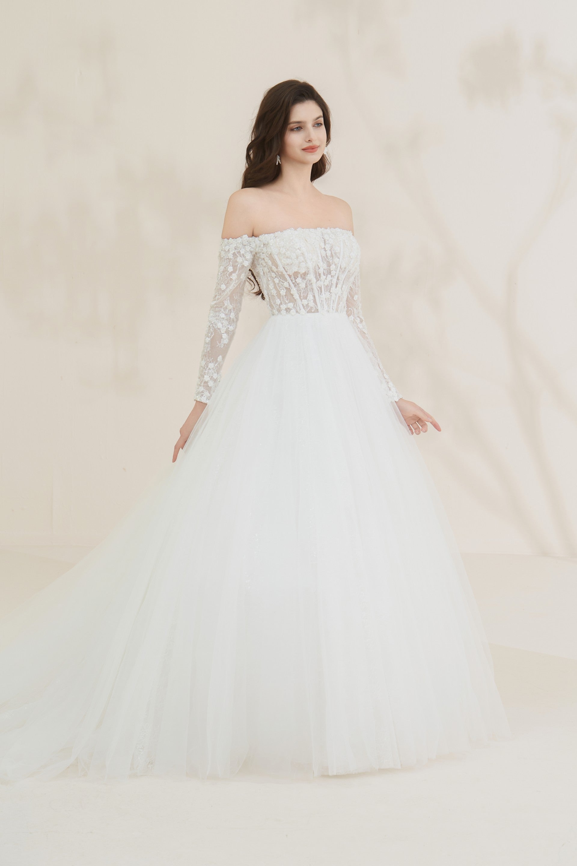 Romantic off-the-shoulder beaded A-line bridal gown LVB2618