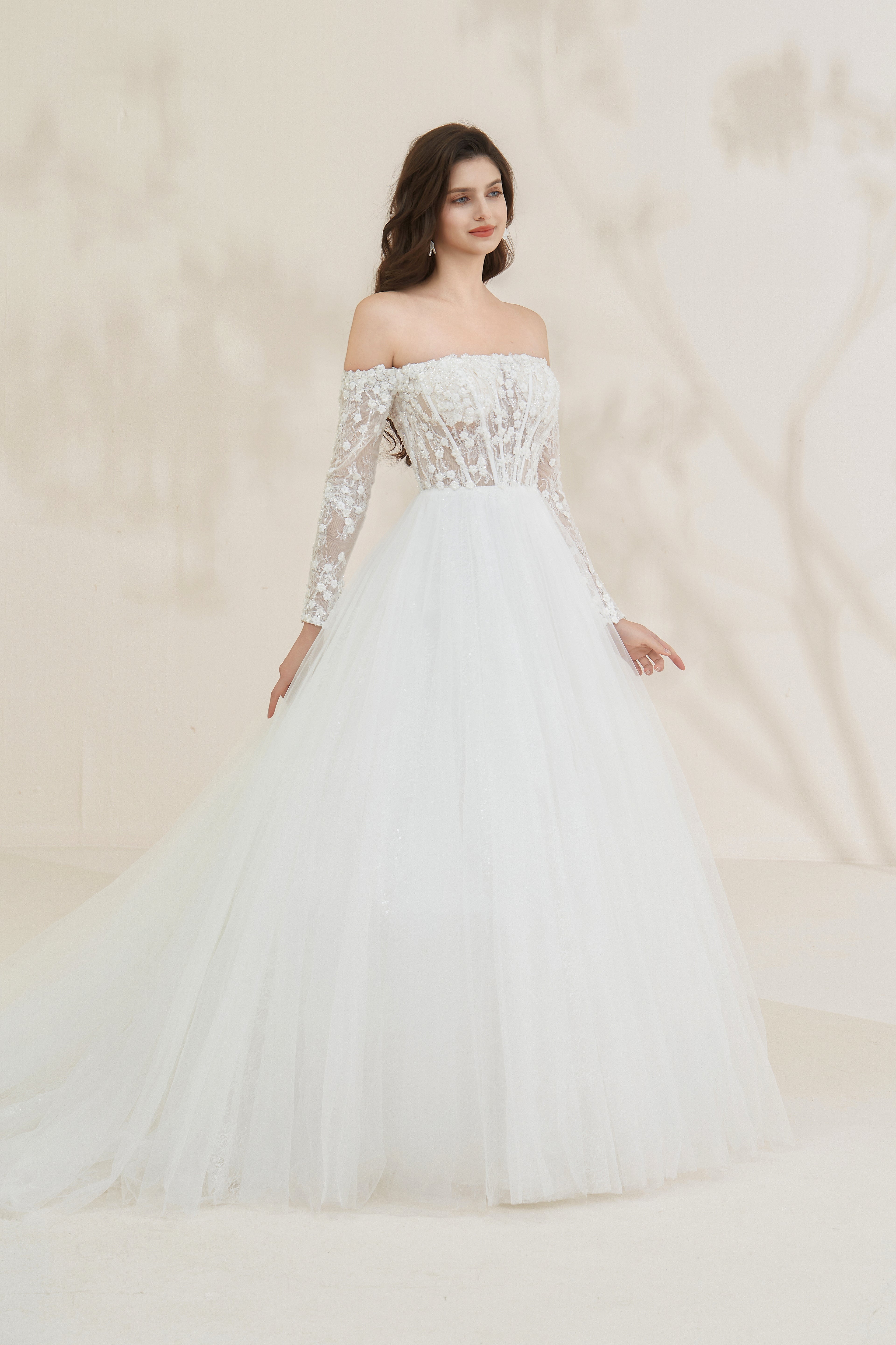 Romantic off-the-shoulder beaded A-line bridal gown LVB2618