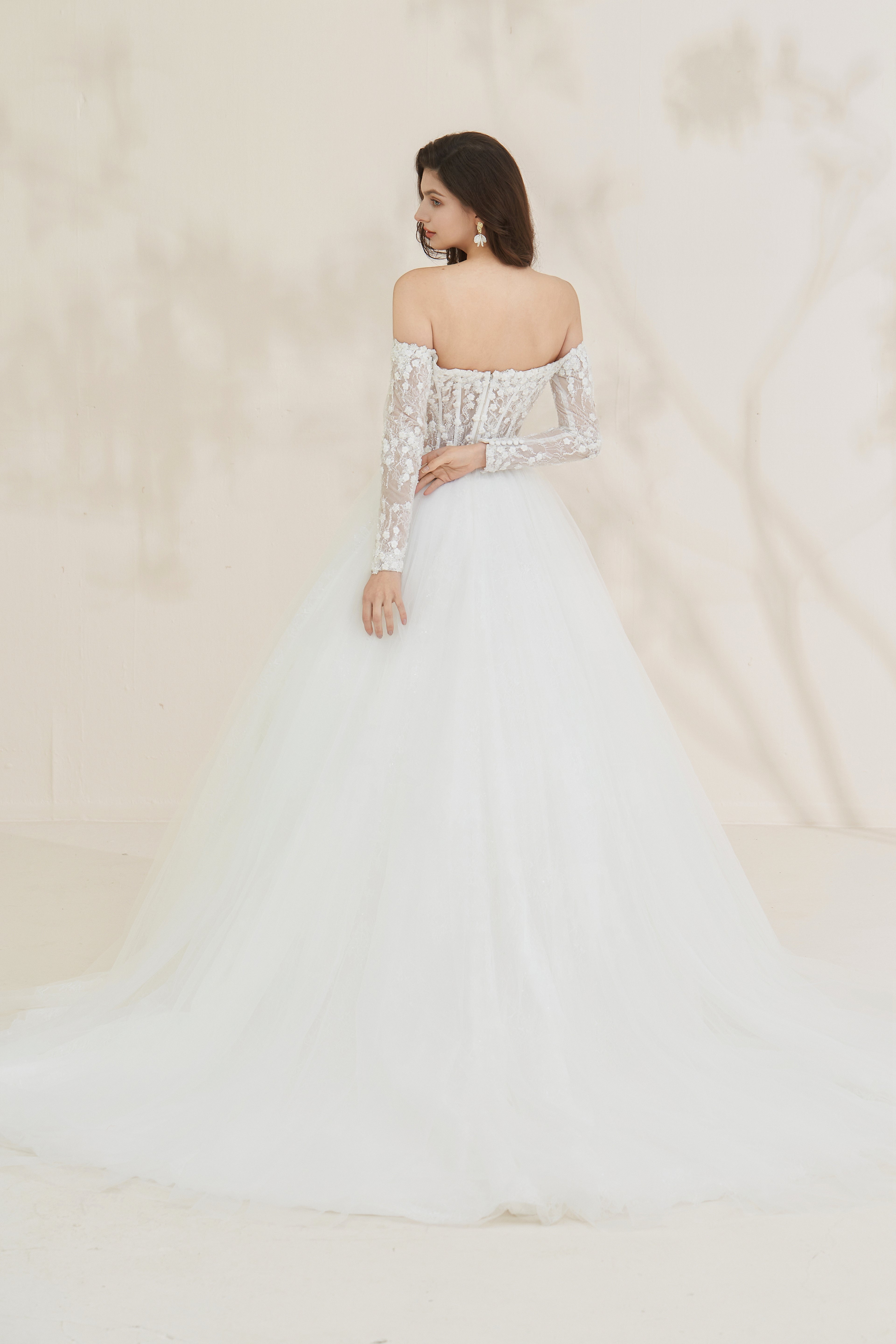 Romantic off-the-shoulder beaded A-line bridal gown LVB2618