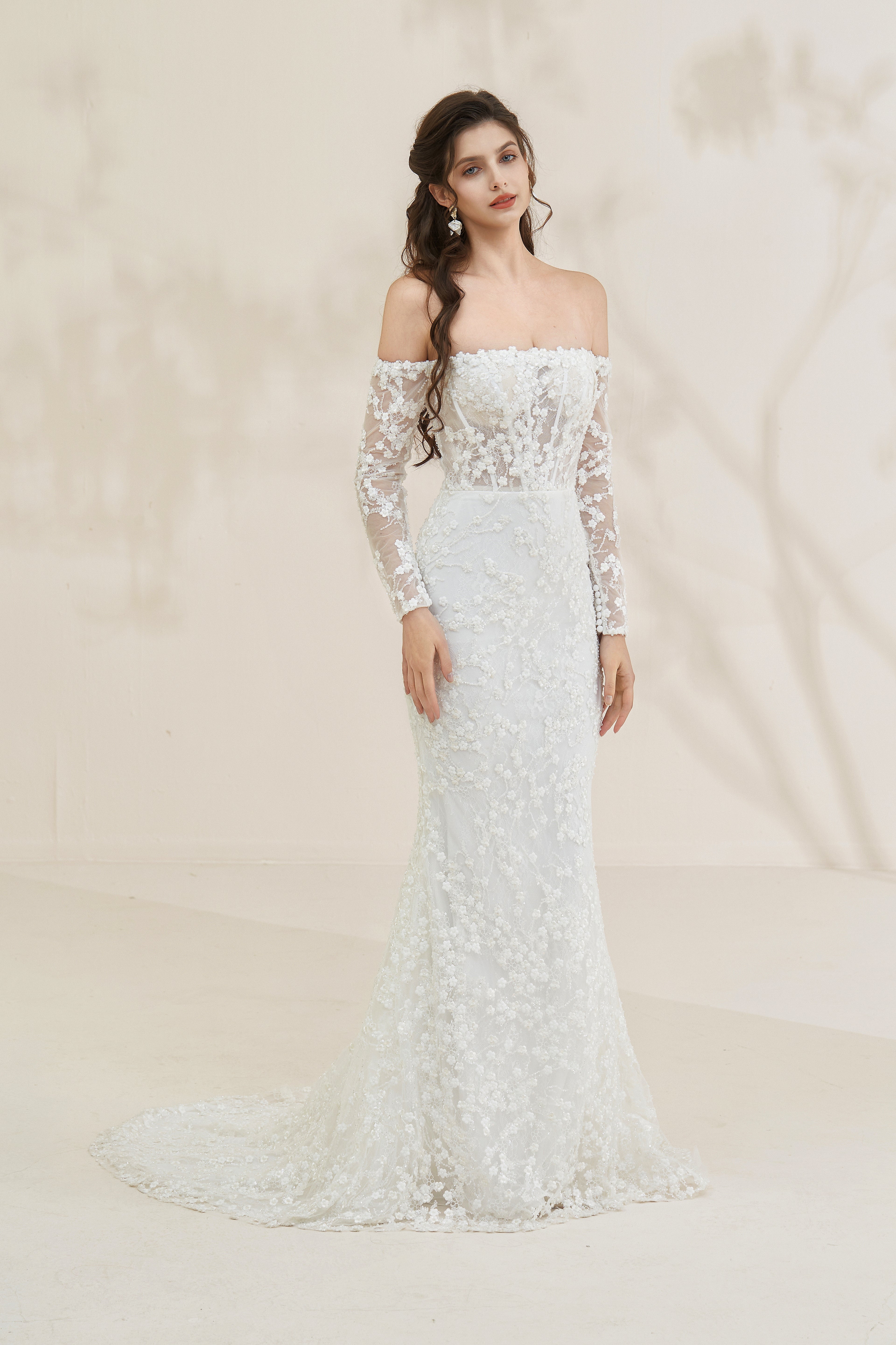 Romantic off-the-shoulder beaded A-line bridal gown with with Detachable Train LVB2617