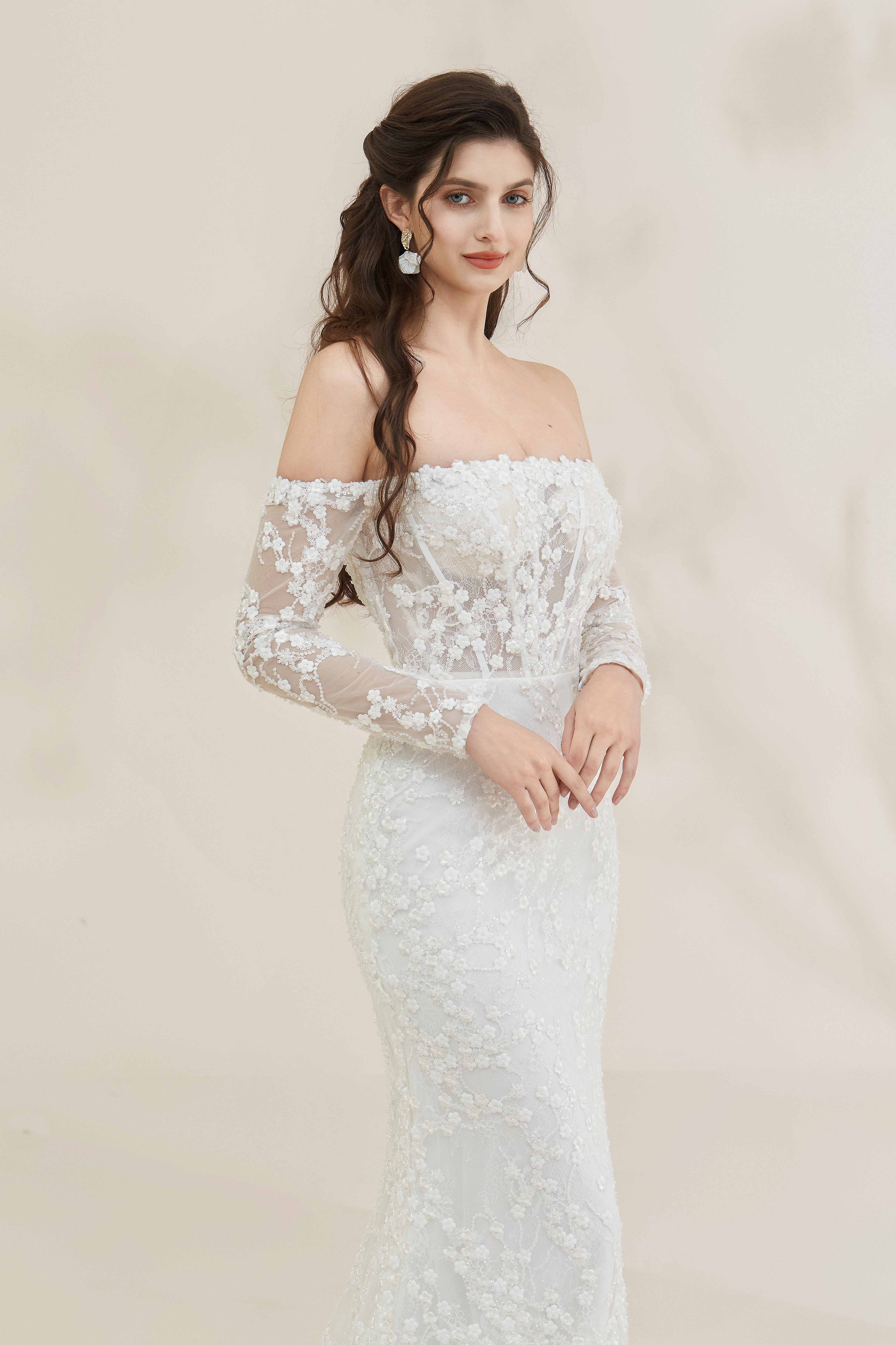 Romantic off-the-shoulder beaded A-line bridal gown with with Detachable Train LVB2617