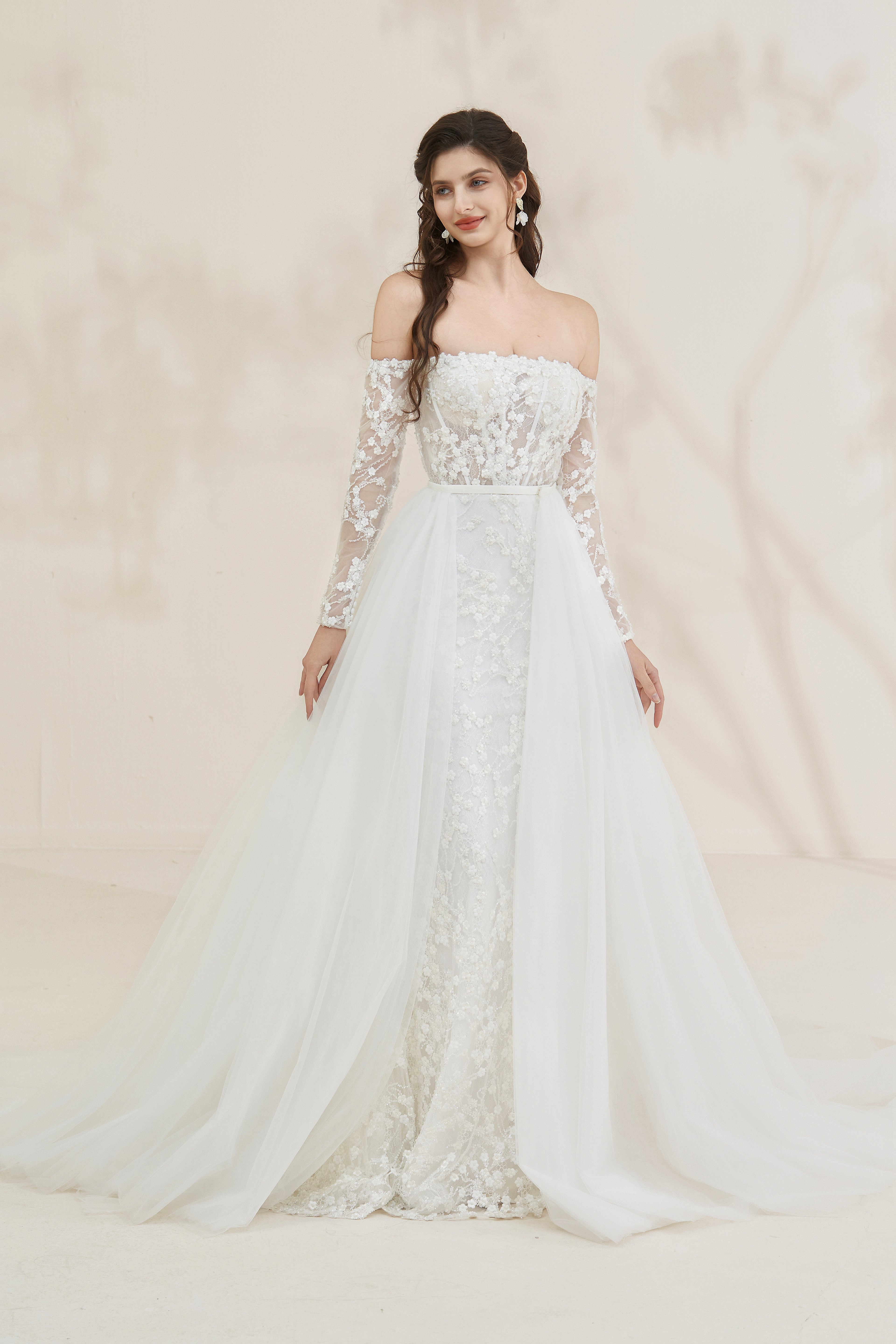 Romantic off-the-shoulder beaded A-line bridal gown with with Detachable Train LVB2617