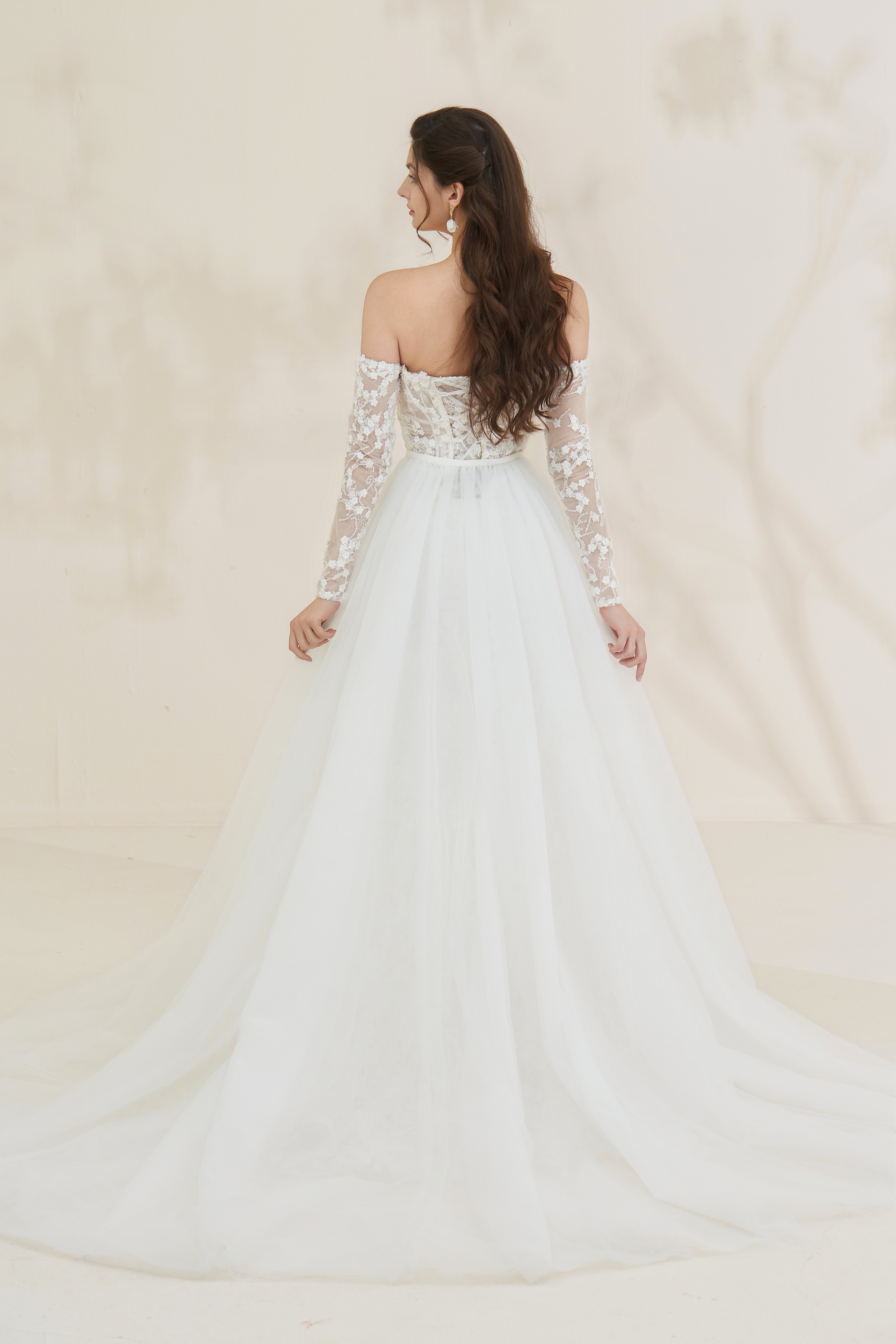 Romantic off-the-shoulder beaded A-line bridal gown with with Detachable Train LVB2617