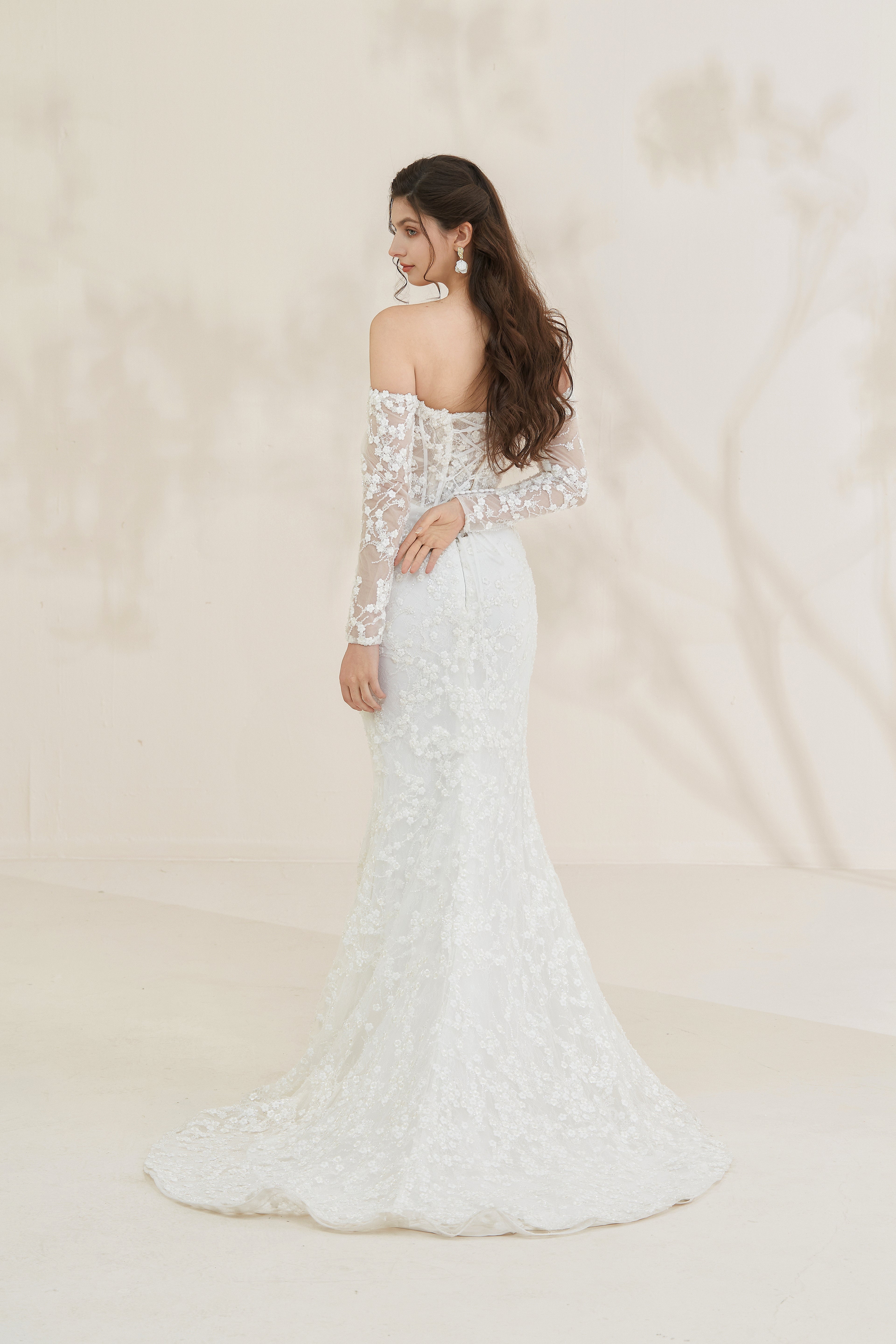 Romantic off-the-shoulder beaded A-line bridal gown with with Detachable Train LVB2617