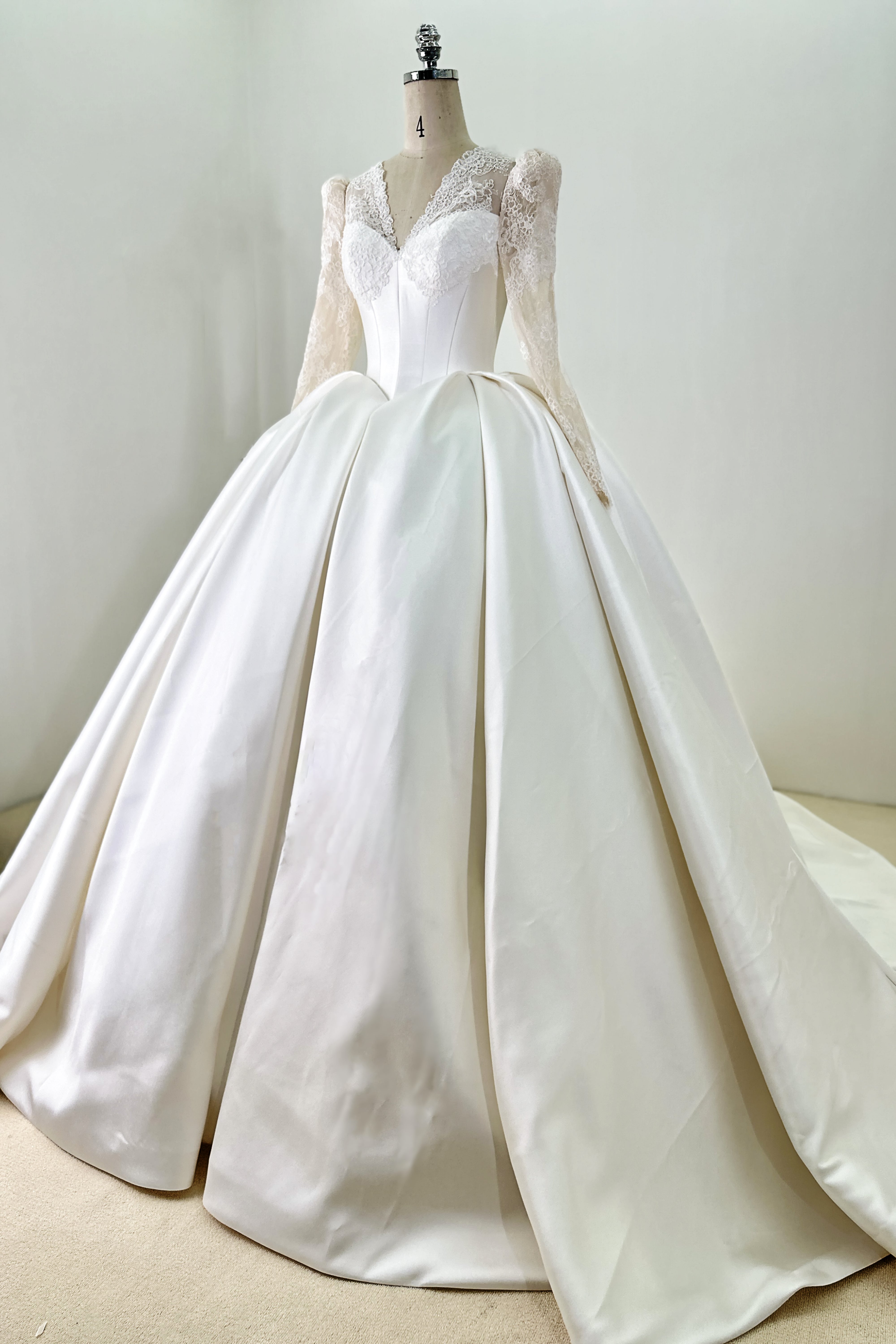 Lace Satin Ball Gown Wedding Dress With Long Sleeve LVB2690