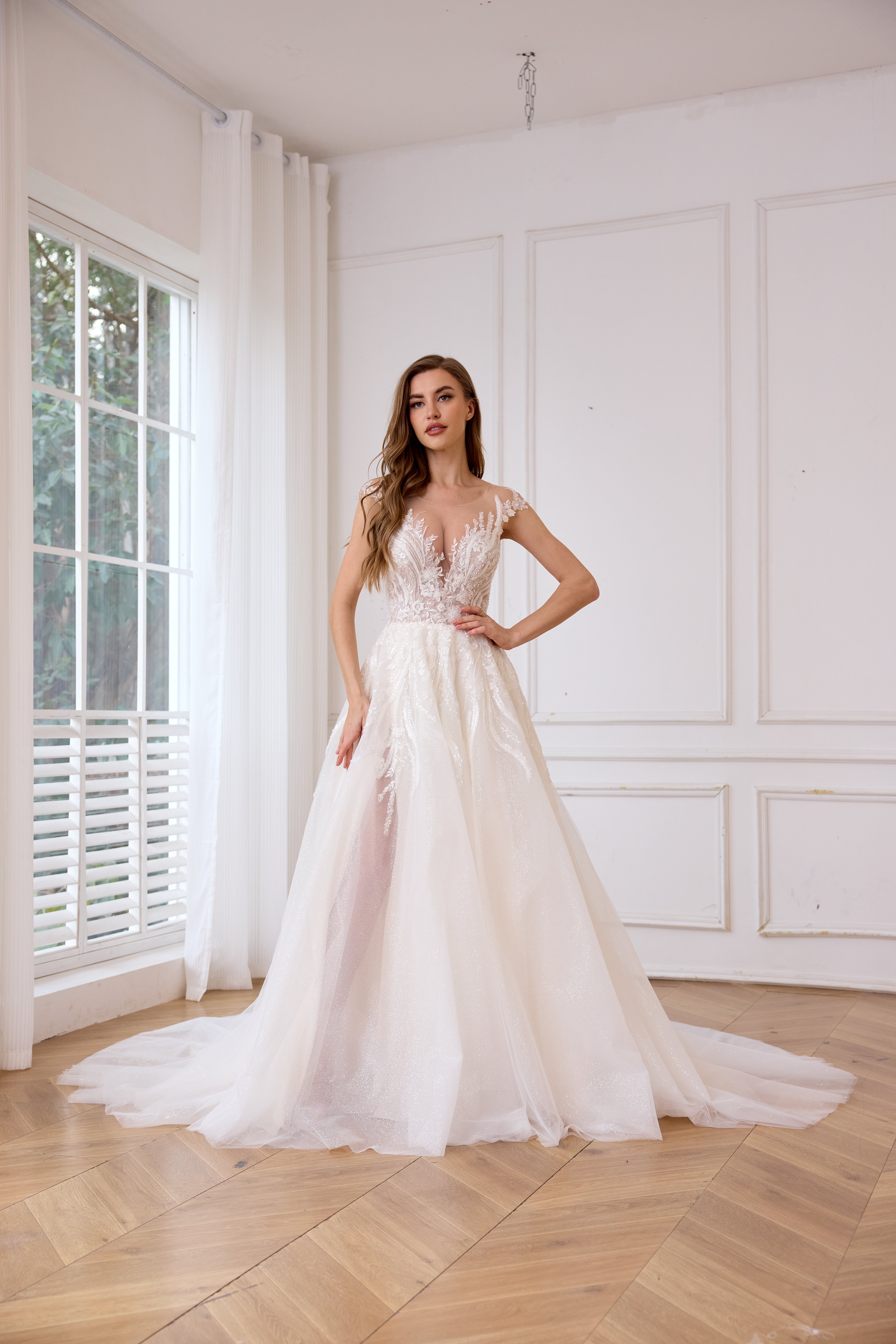 Floral cottagecore sexy wedding dress with a thigh-high slit LVB2621