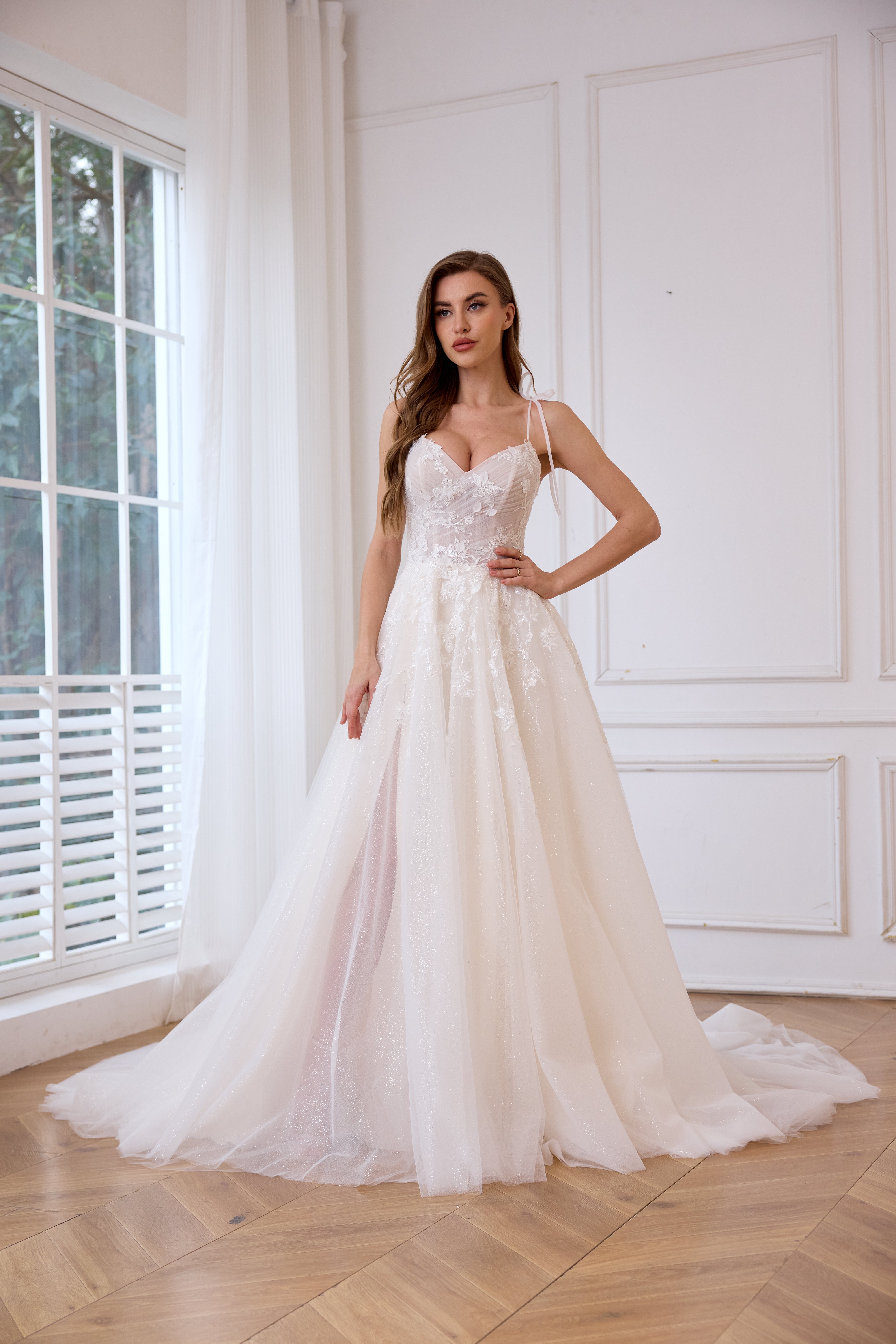 Lavish glittering Plunge floral flowing&nbsp;A-line slit wedding dress LVB2622 by AND Bride