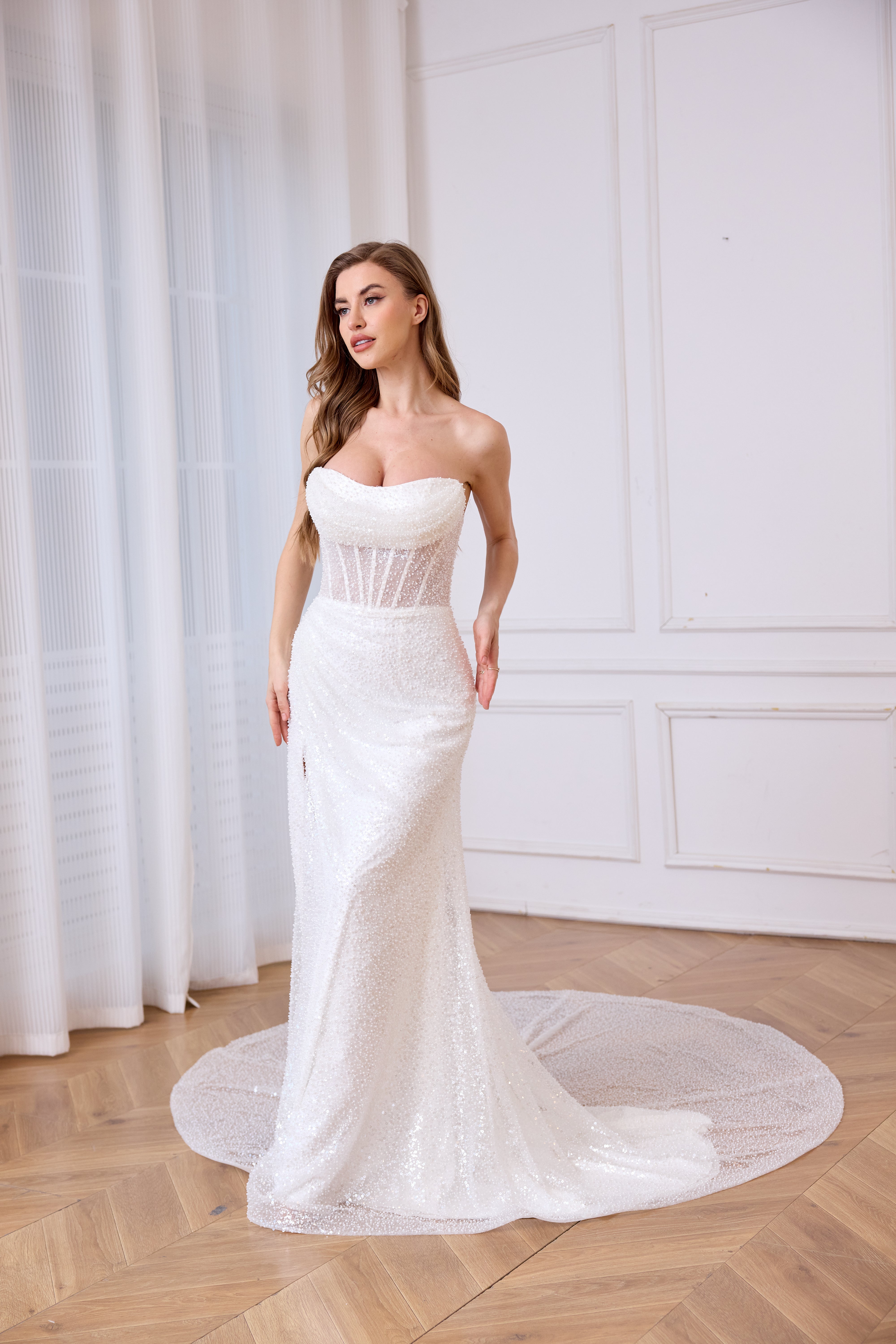 Stunning mermaid beaded slit bridal gown with detachable sleeves LVB2625 by AND Bride