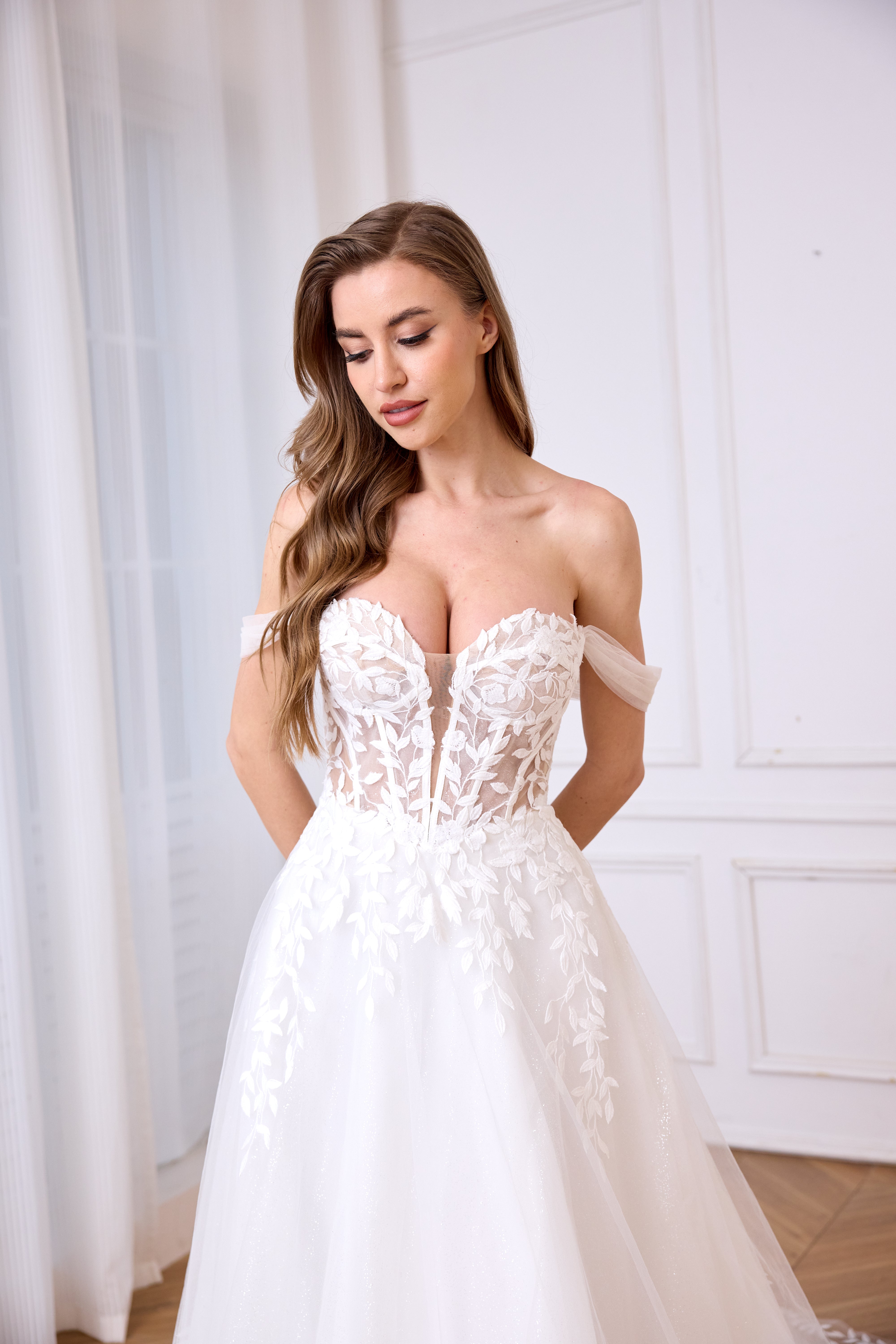 sexy floral lace wedding dress with an illusion corset back and plunging neckline LVB2601 by AND Bride