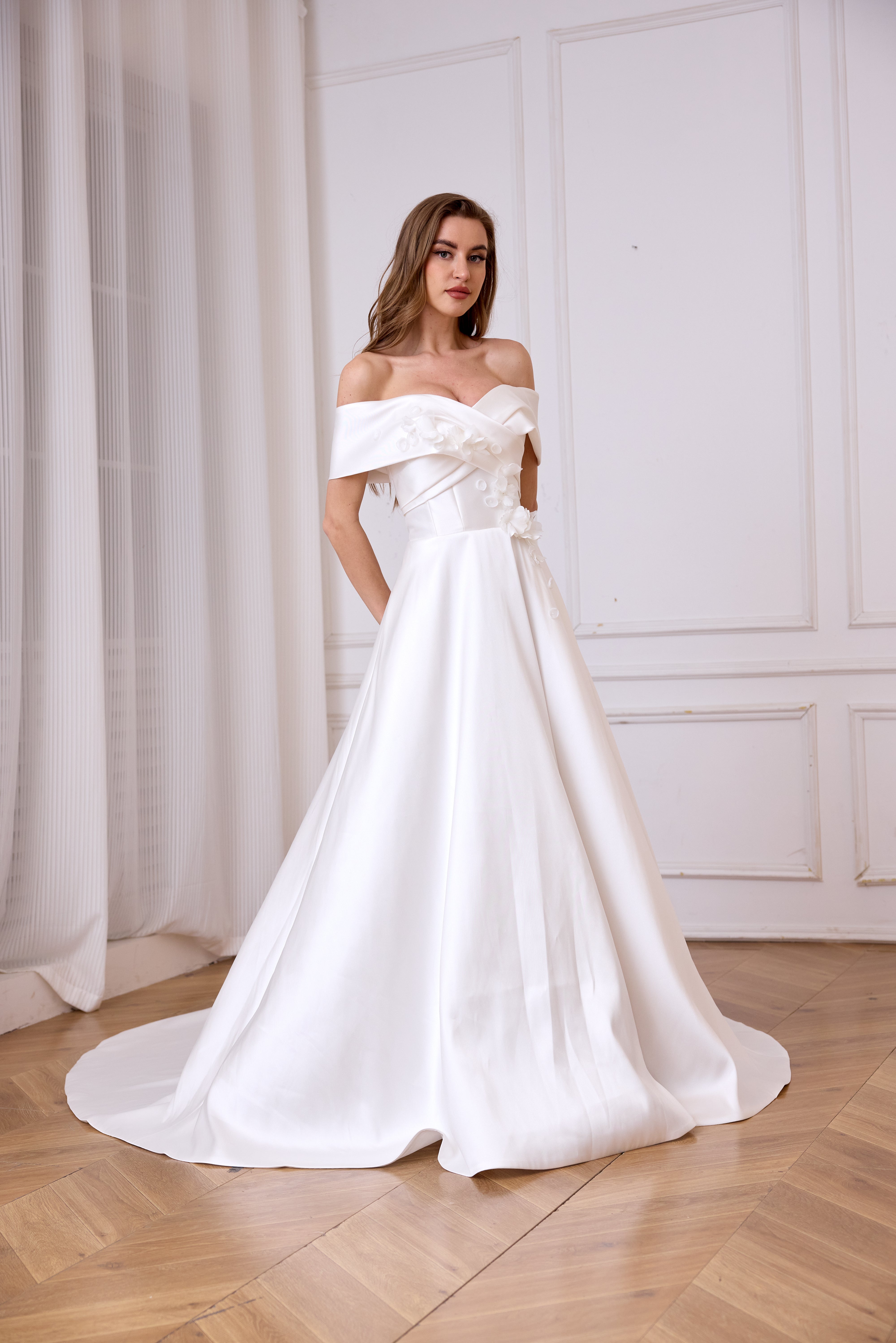 NEW ARRIVEL Romantic Mikado Wedding Dress With Pockets And A Pleated Bodice And Cap-Sleeves LVB2630 By AND Bride