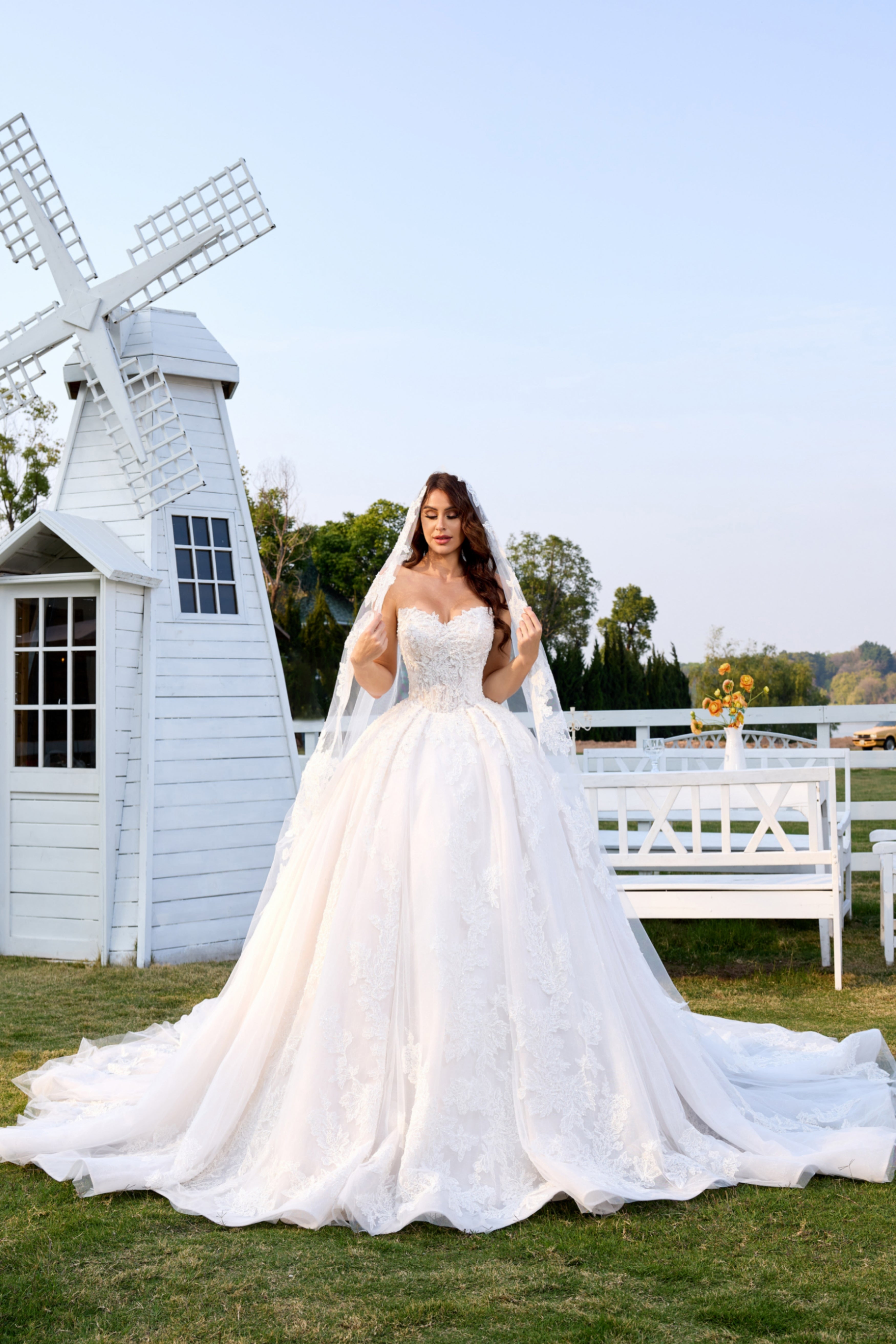 Luxury Lace Ball Gown Wedding Dress With Long Veil LVB2699