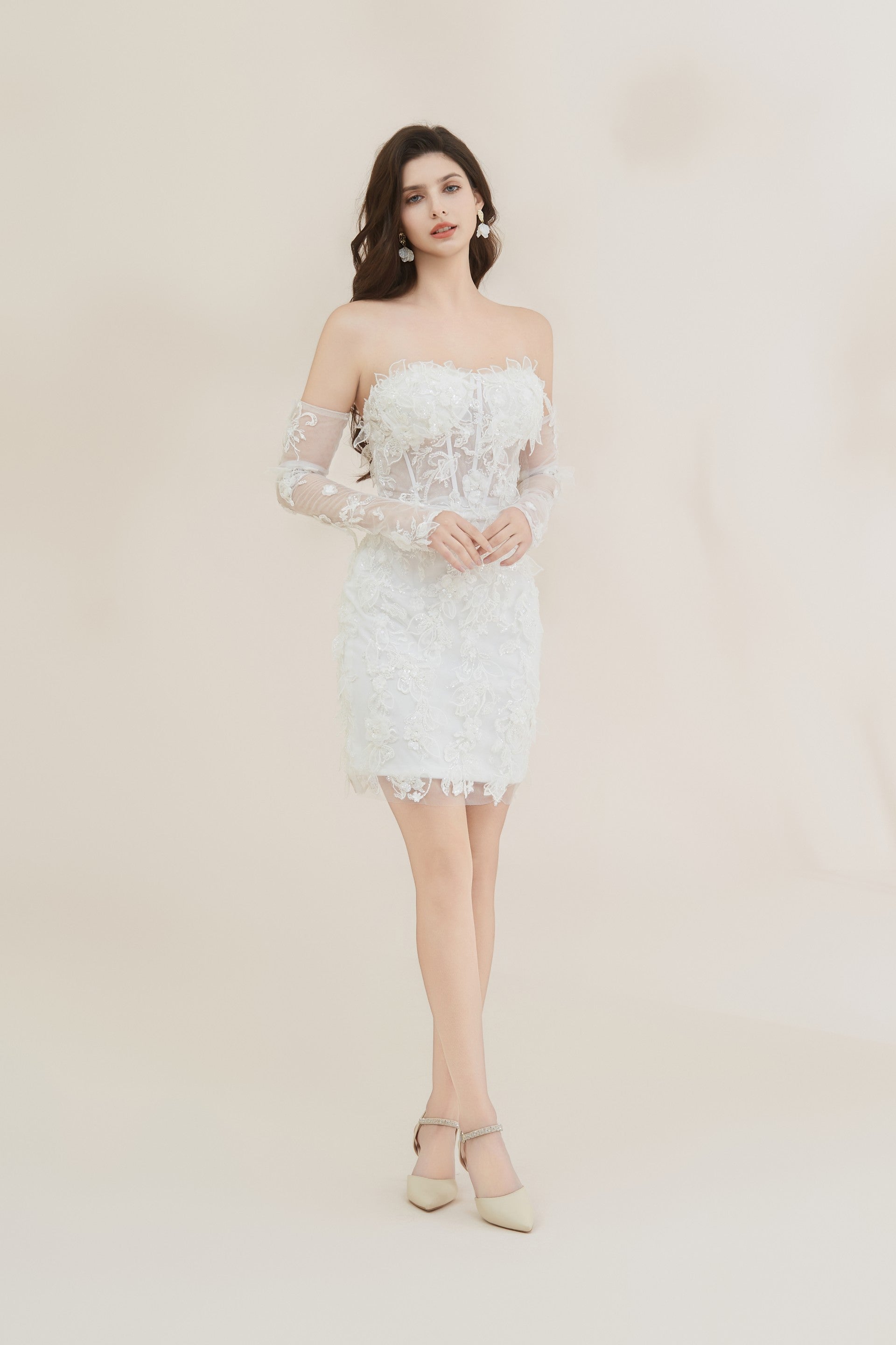 Lace knee short mini Wedding Dress with detachable sleeves LVB2614