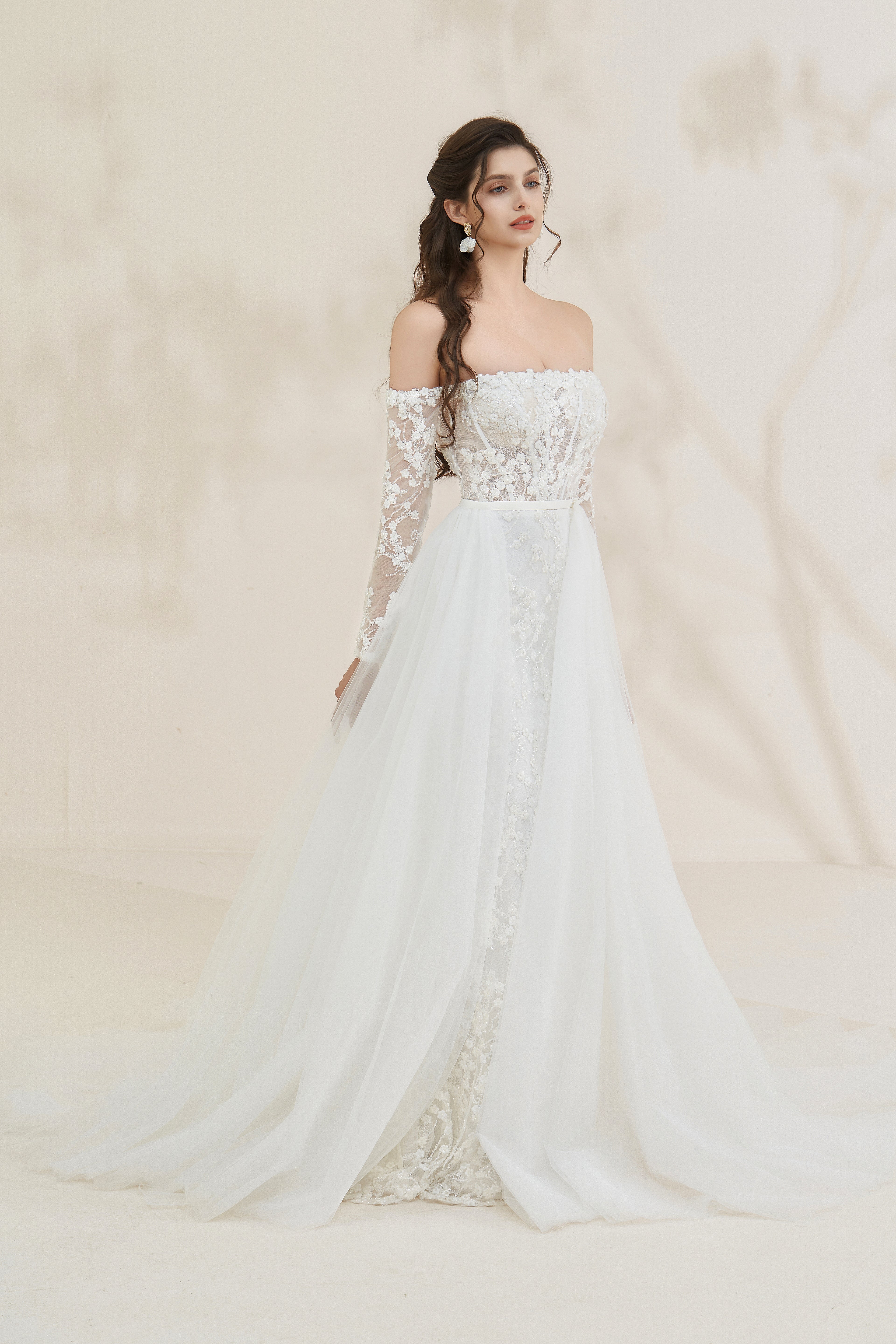 Romantic off-the-shoulder beaded A-line bridal gown with with Detachable Train LVB2617