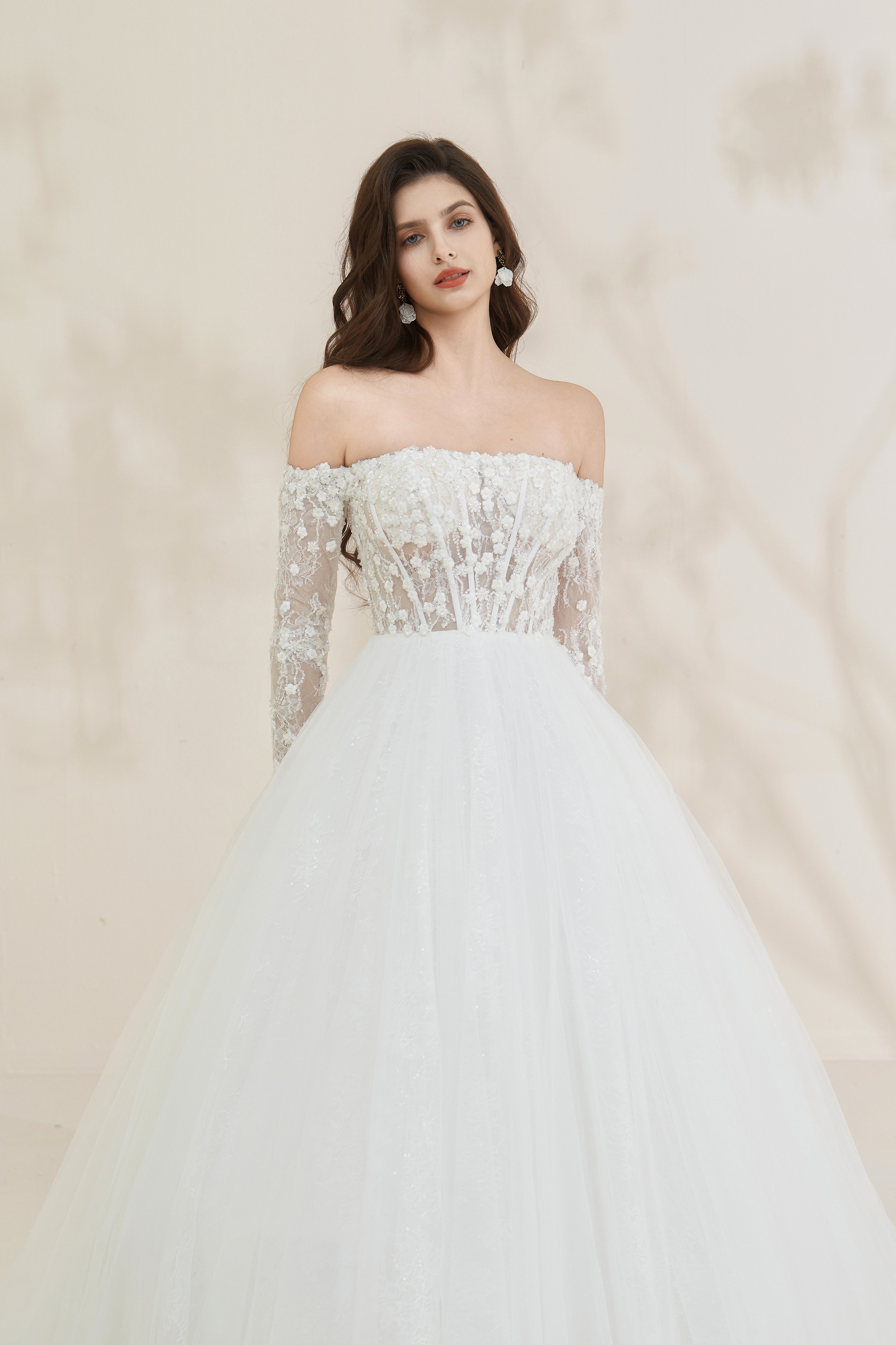 Romantic off-the-shoulder beaded A-line bridal gown LVB2618