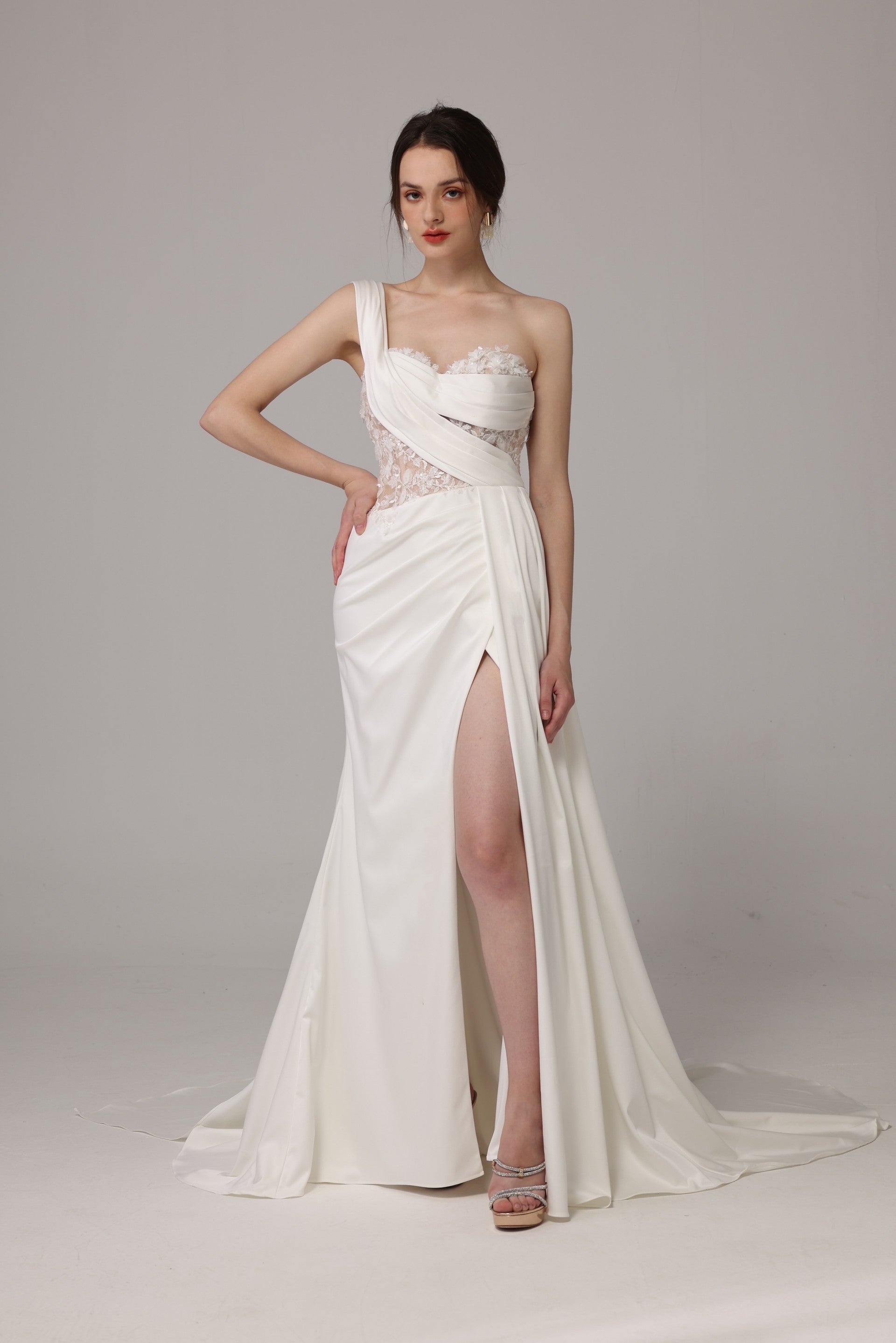 Satin Lace Slit Wedding Dress LVB2626