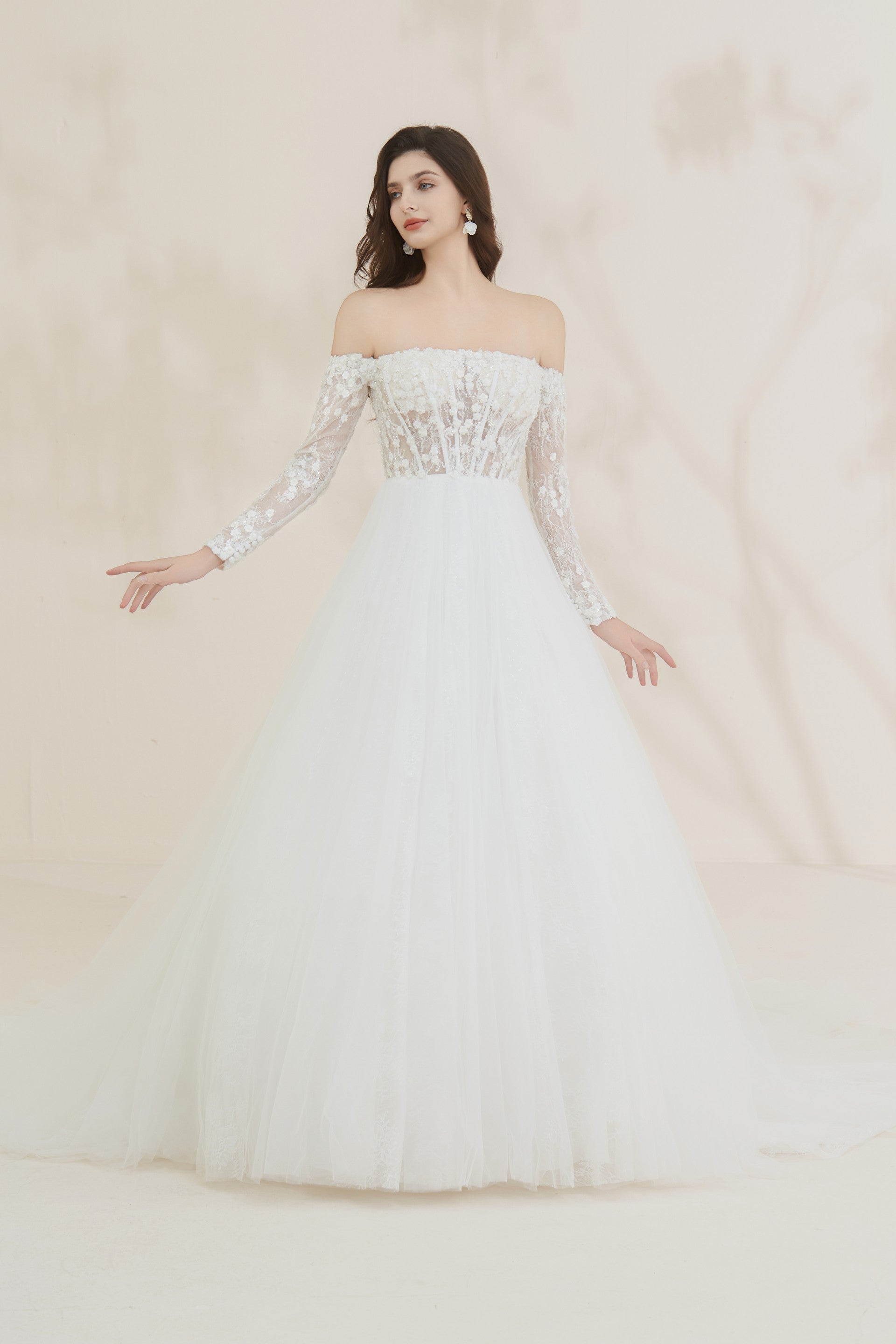 Romantic off-the-shoulder beaded A-line bridal gown LVB2618