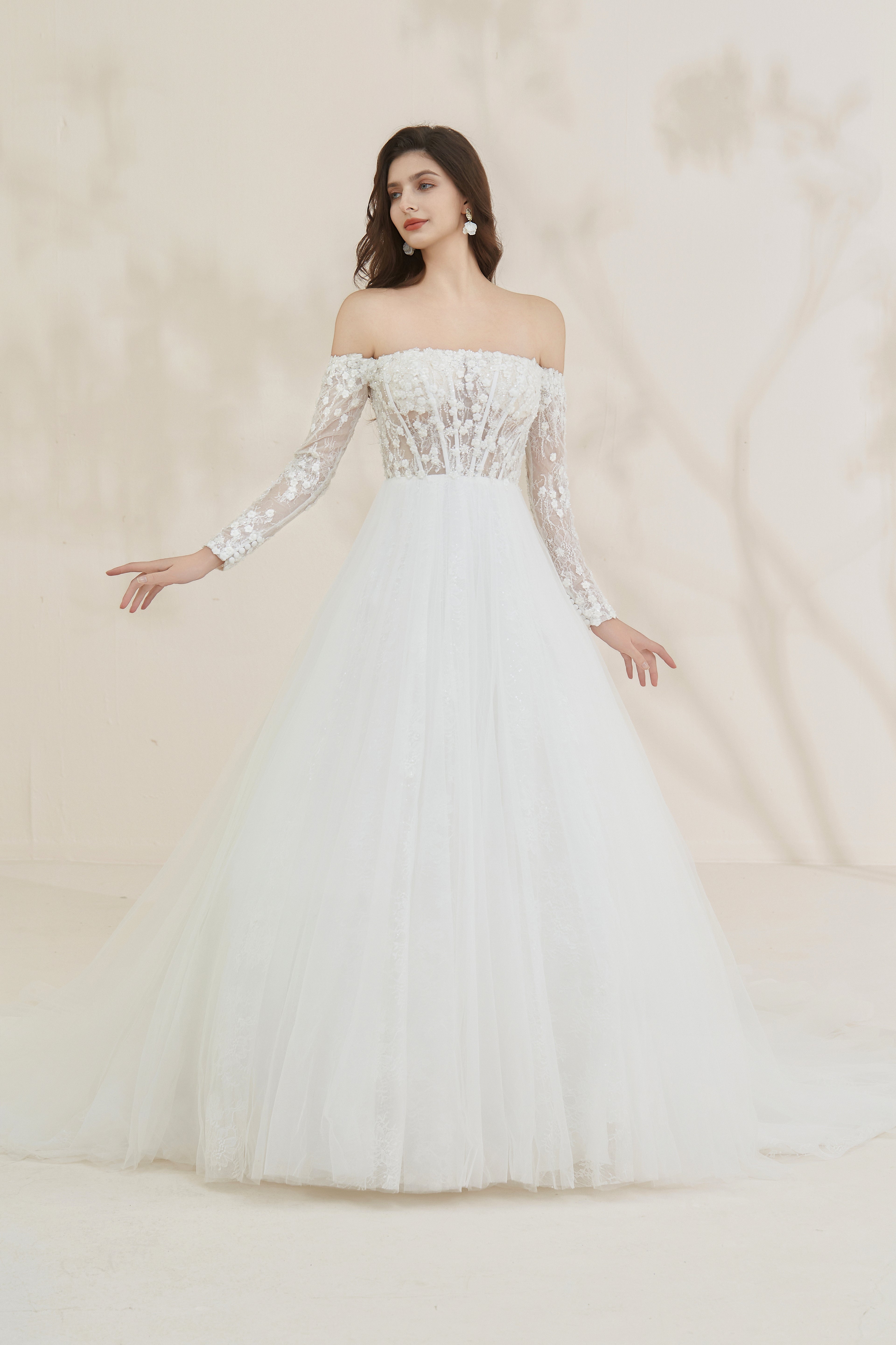 Romantic off-the-shoulder beaded A-line bridal gown LVB2618