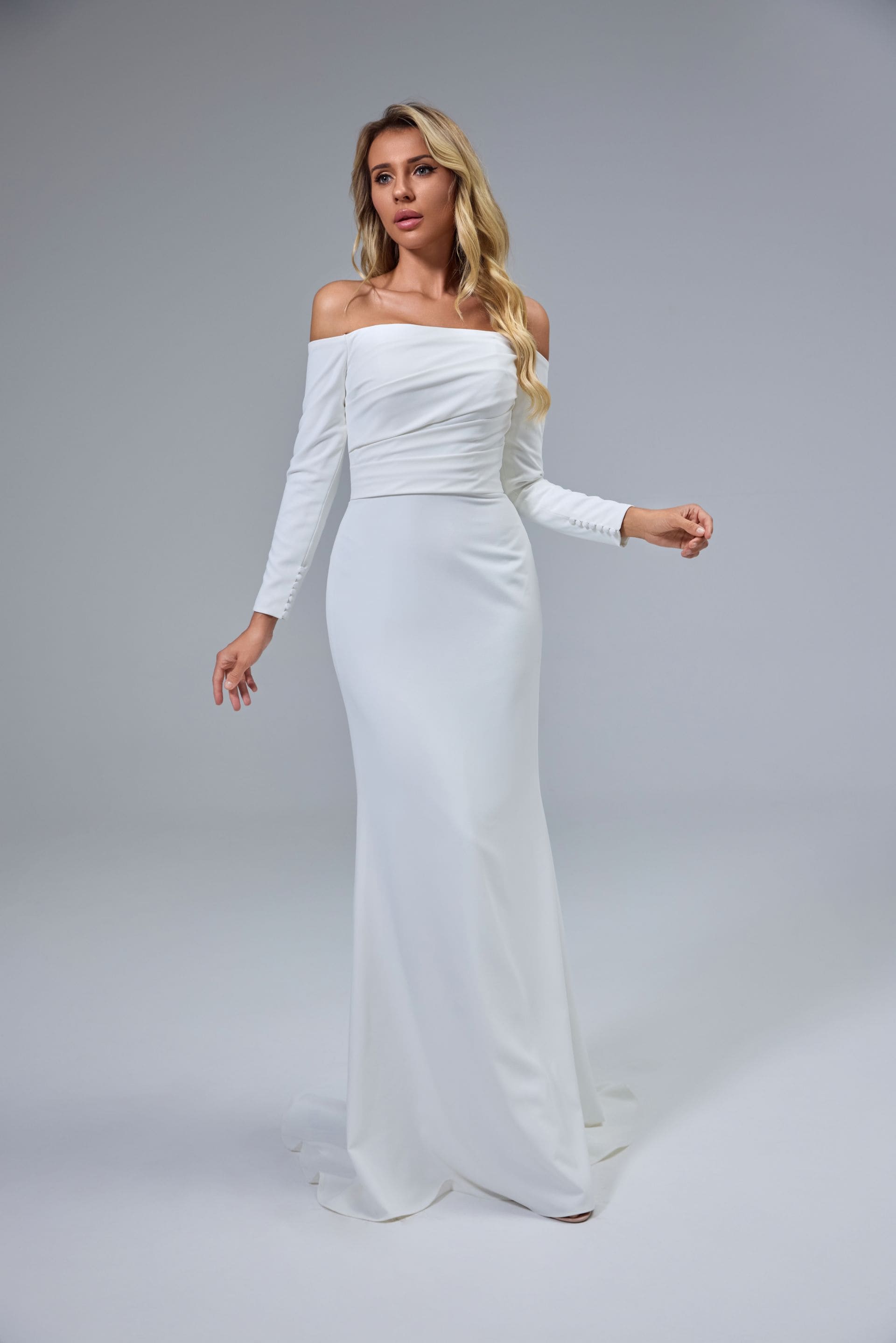 Modest Off Shoulder Long Sleeves Handmade Wedding Dress with a Modern Twist LVB2524